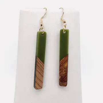 Thumbnail: Green Resin Wooden Stick Rectangular Pendant Earrings Green
