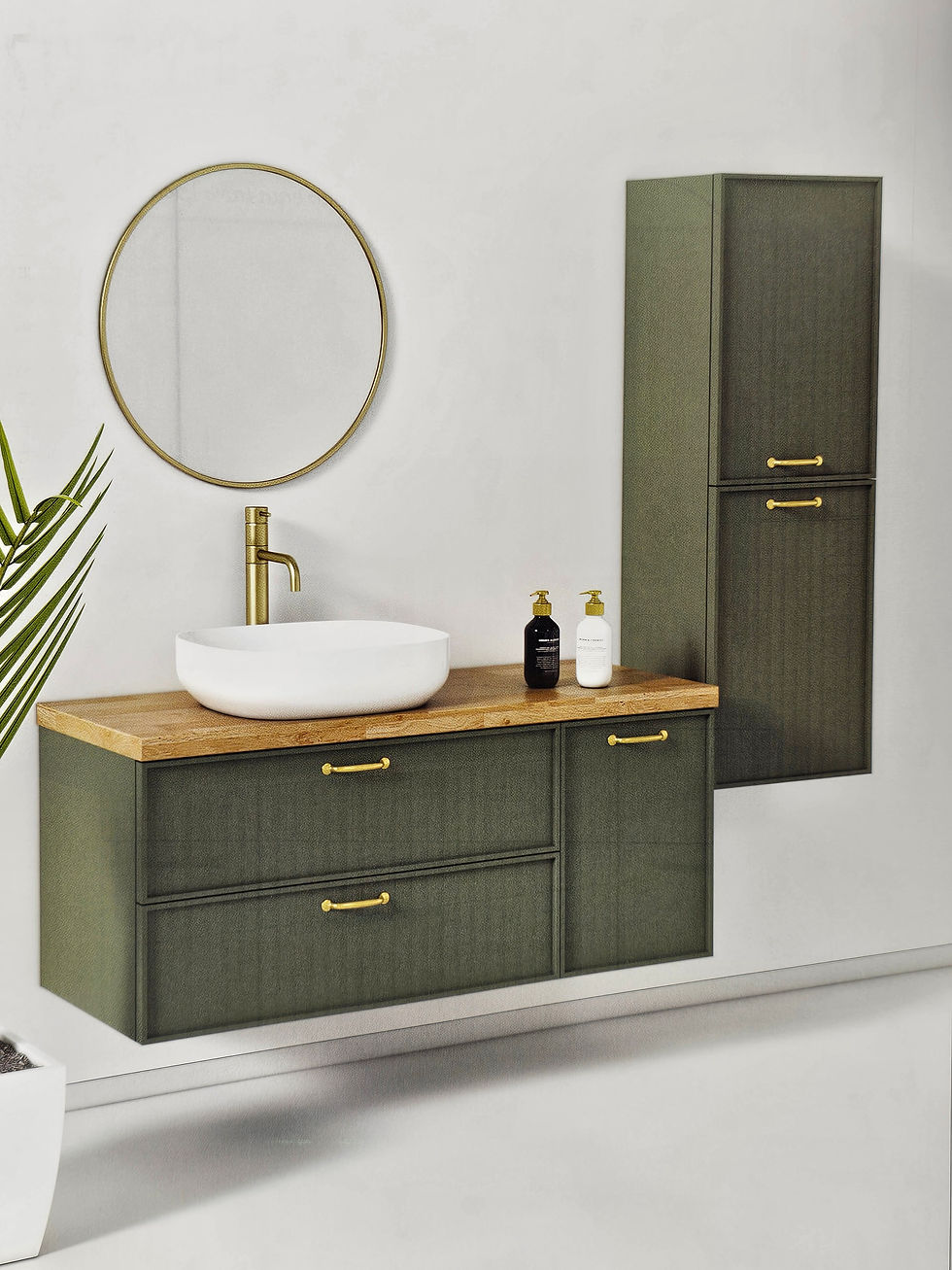 ארון תלוי דלת מימין משמאל 2 מגירות אחת מעל השניה, משטח בוצ׳ר עם כיור מונח