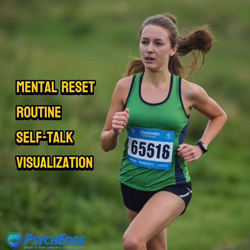 Woman running in green top with number 65616, focused expression. Background: grass. Text: "Mental Reset, Routine, Self-talk, Visualization."