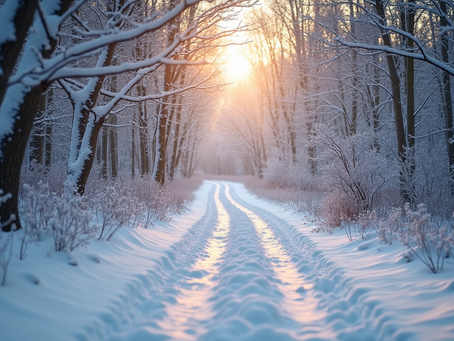 Winter forest path at dawn, symbolizing renewal and calm