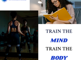female student-athlete training in the gym and studying. Text says: Train the mind. Train the body.