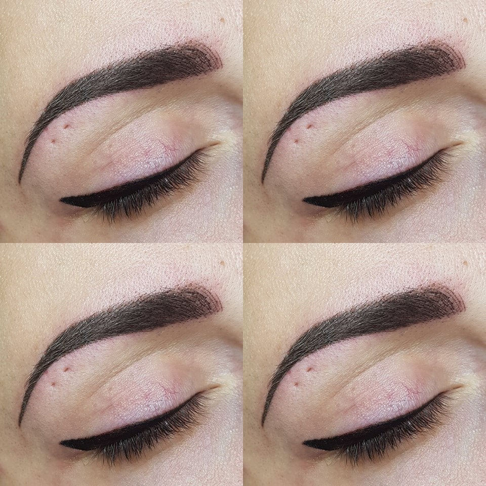 four close ups of a woman 's eye with different eyebrows