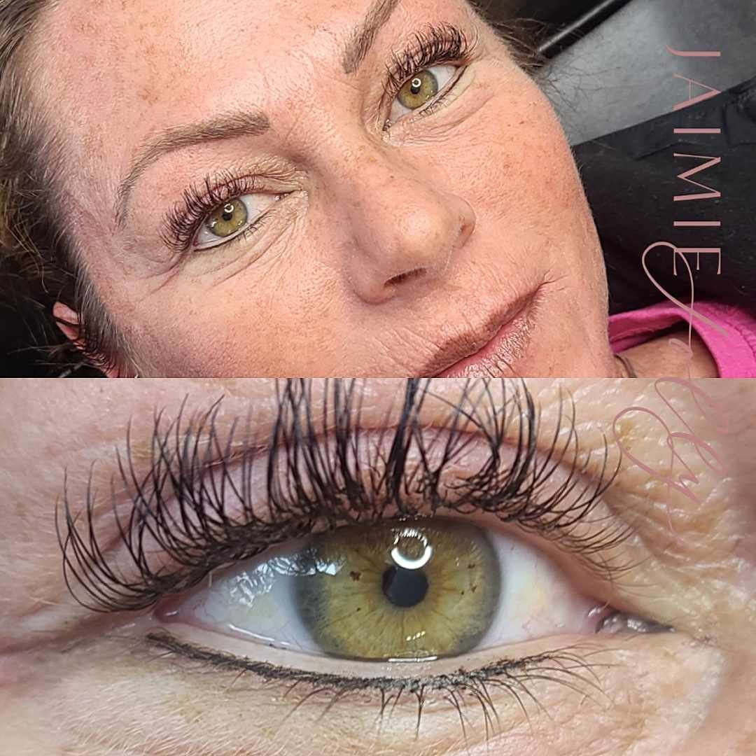 a close up of a woman 's eye with jaimie written on the bottom