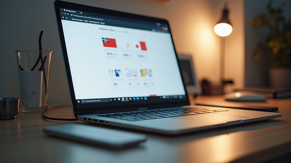Eye-level view of a laptop on a desk with an open Japanese language learning platform