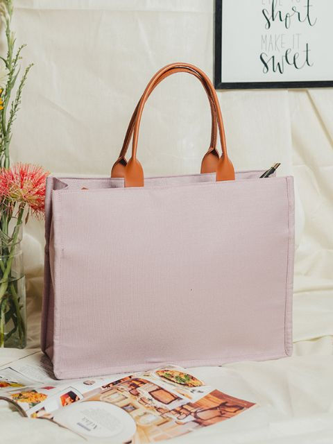 Thumbnail: Tulip Pastel Pink Chain Stitch Hand Embroidery Canvas Book Tote Bag