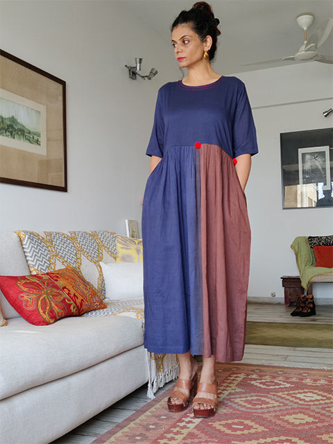 Ombre Gathered Dress - Blue & Brown