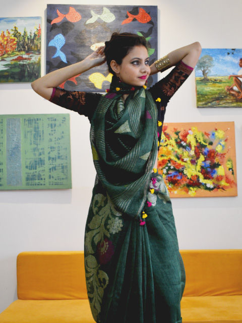 Thumbnail: Jamdani Linen Green Saree