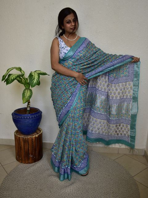 Aprajita Handblock Print Linen Cotton Saree