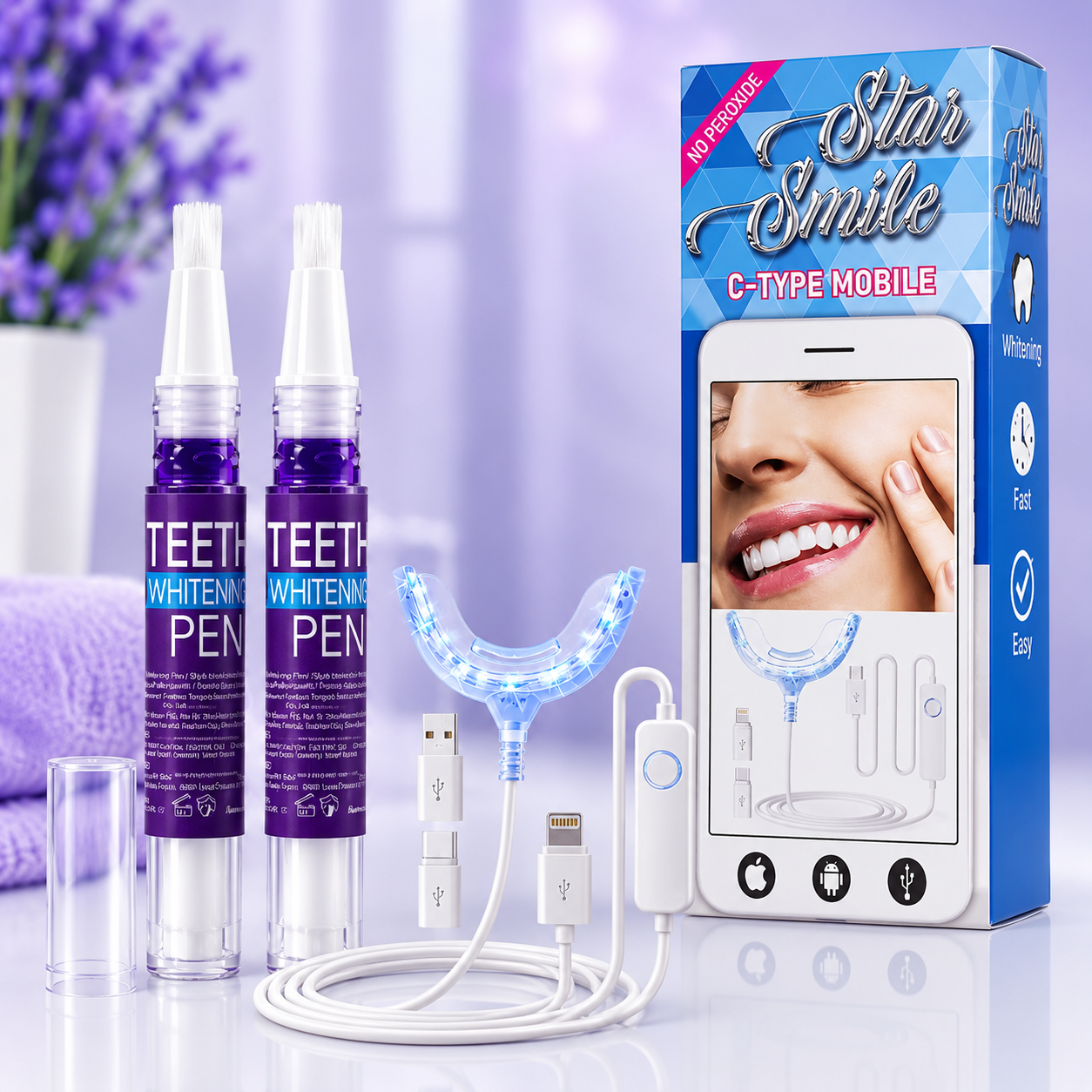 Комплект за избелване на зъби с LED технология и Purple Whitening Pen