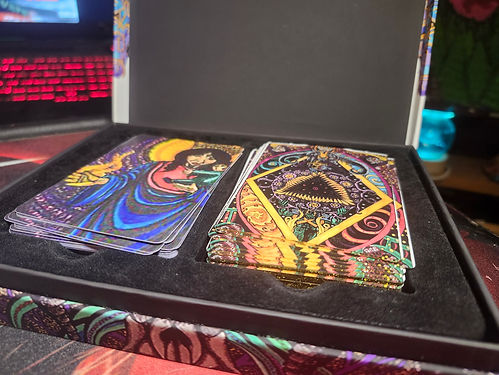 Front view of open deck box—“Flayer’s Gambit” and “Holy Mother” decks inside