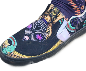 Wearable art slip‑on shoe—close‑up of vivid printed design