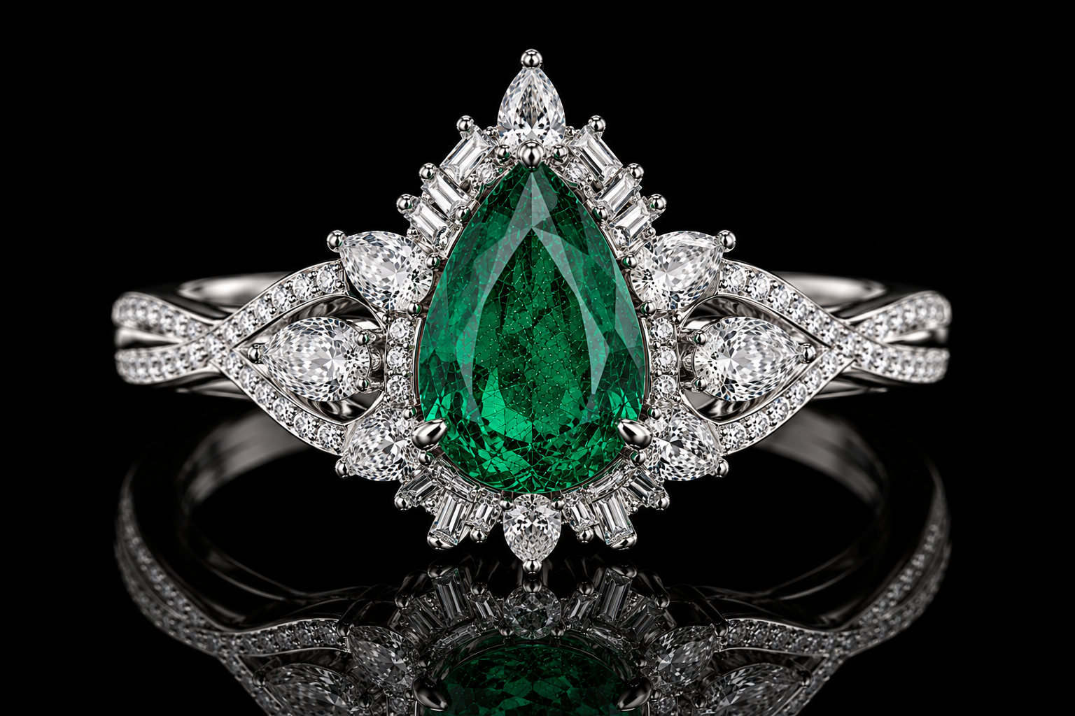 Pear-Cut Emerald Vintage Ring in White Gold