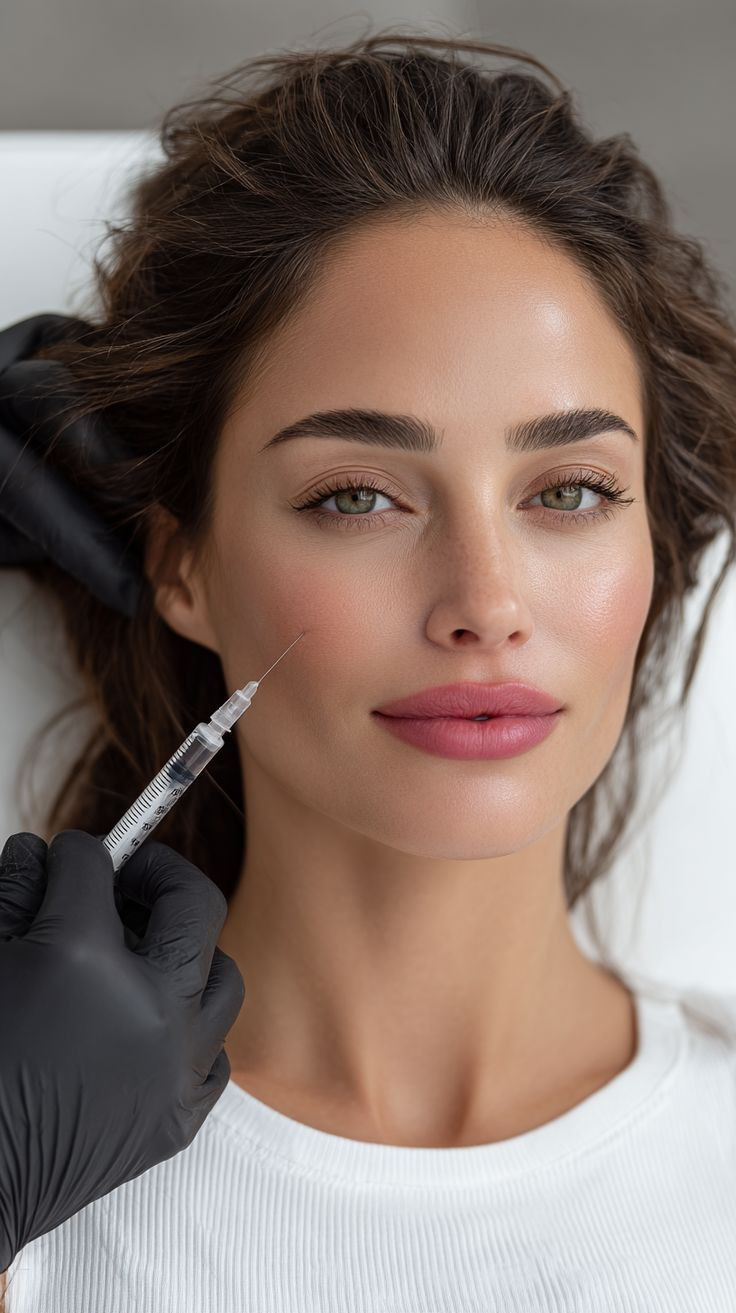 female face with a syringe of filler being pointed towards her cheek