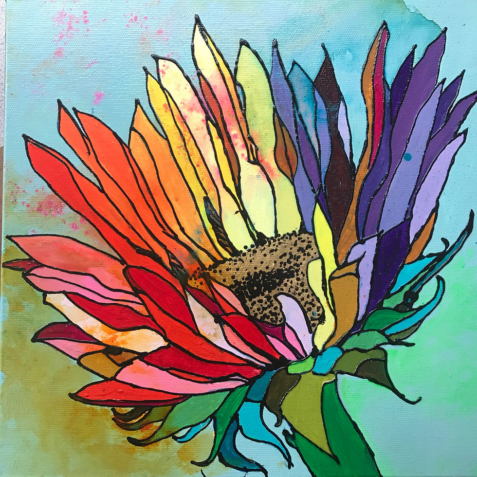 Colorful sunflower fine art print featuring rainbow-colored petals on aqua.