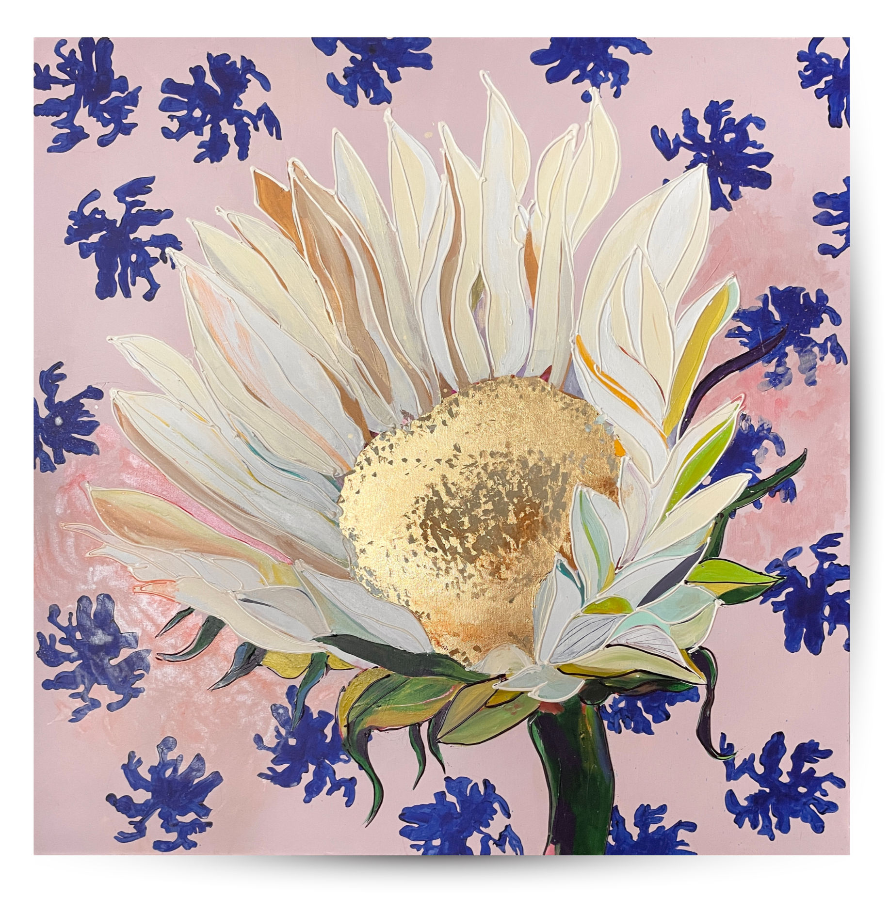 Elegant white sunflower set against pastel pink backdrop surrounded by cobalt blue coral pattern.