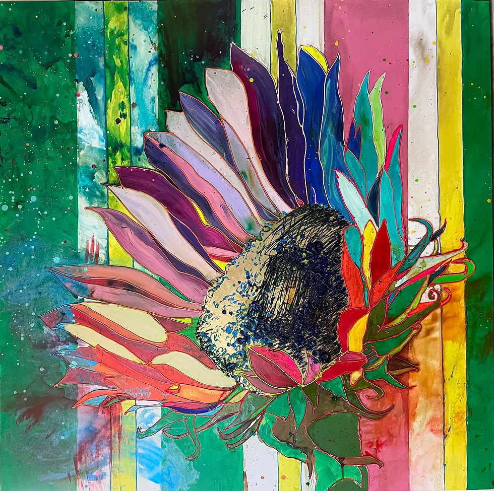 vivid mixed media painting of a sunflower inspired by the Iao Valley of Maui.