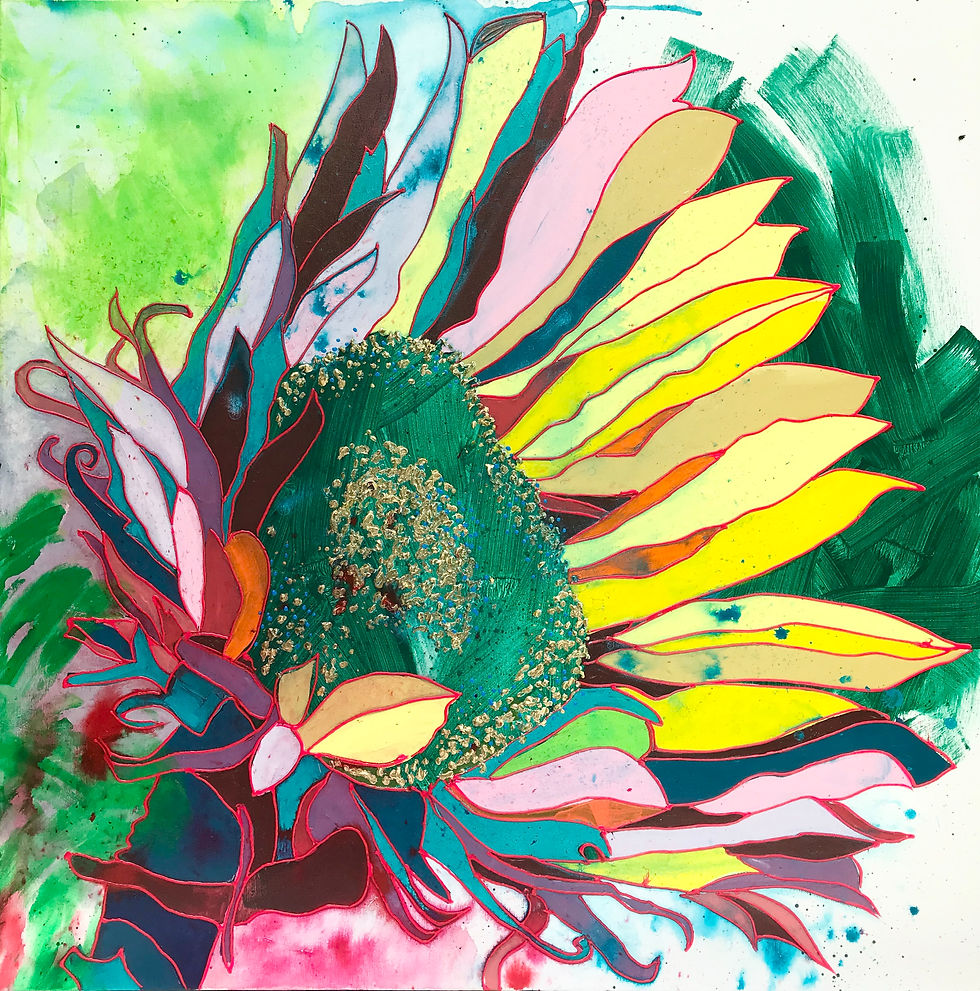 Bright tropical sunflower painting titled ‘Jamaica,’ featuring bold petals in yellow, turquoise, pink, and coral.