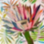 Colorful tropical sunflower artwork with pink, yellow, green, and blue petals and a glowing textured center.