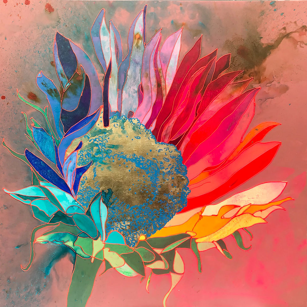 Bright, fiery sunflower painting titled ‘Liberation,’ with neon pink, red, blue, teal, and gold leaf details .