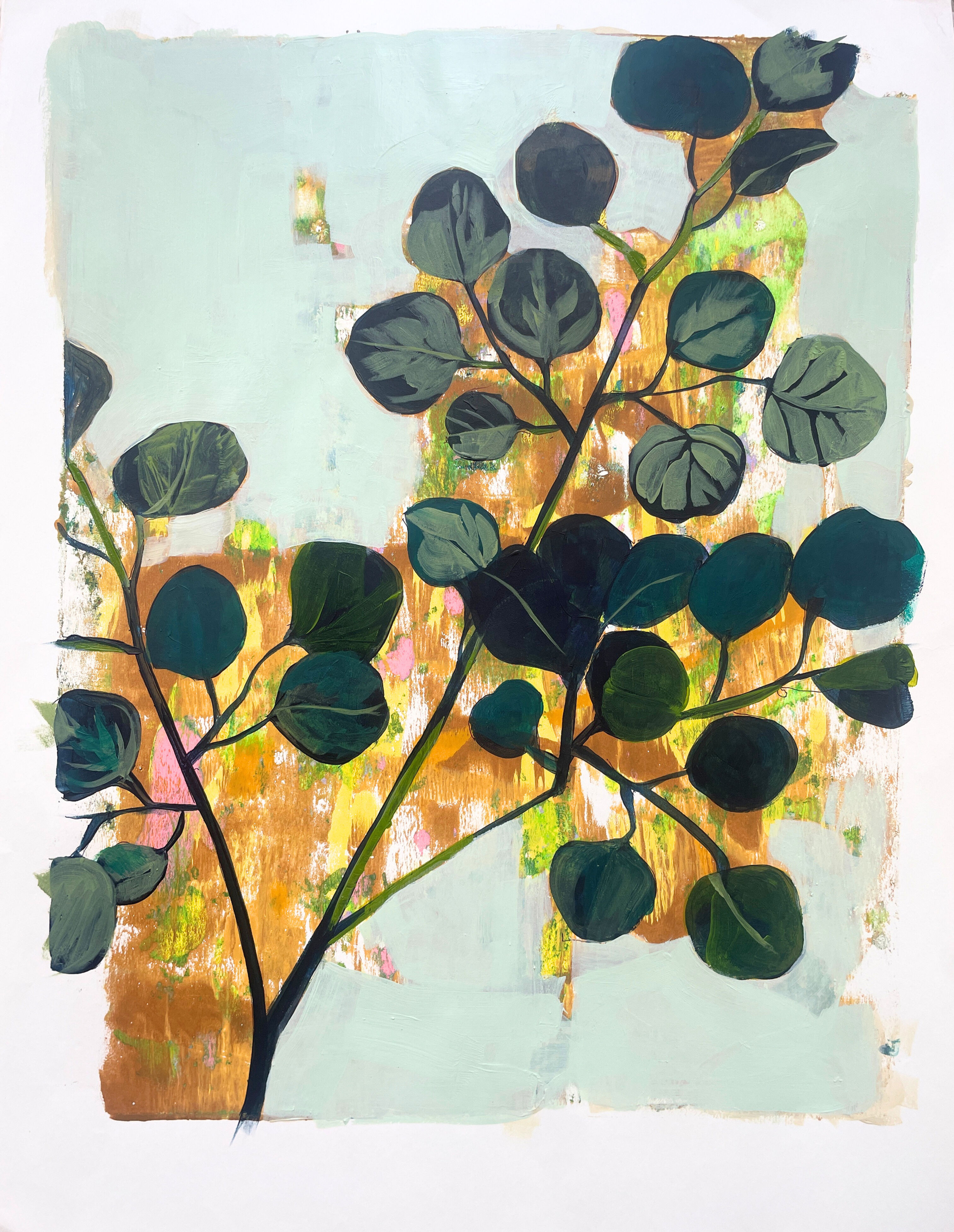 Original painting titled “Memory of a Scent” featuring a eucalyptus silhouette on a golden abstract background.