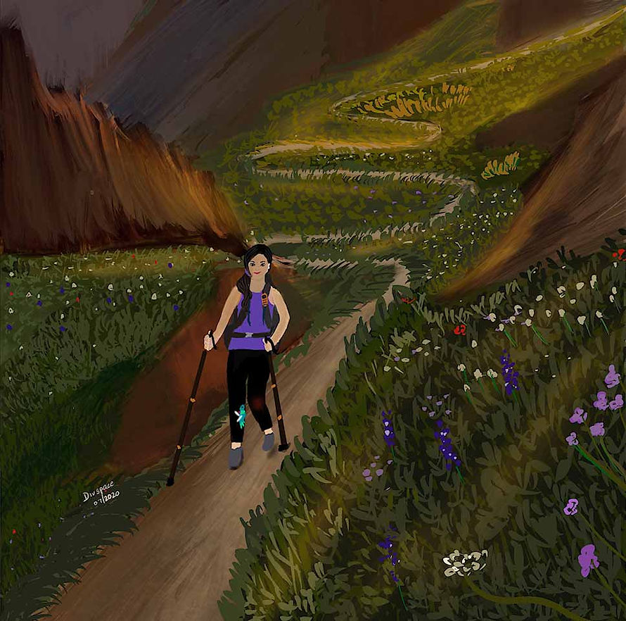 painting of a girl hiking with knee pain