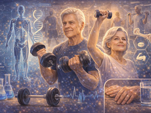 Elderly man performing light strength training with dumbbells at home