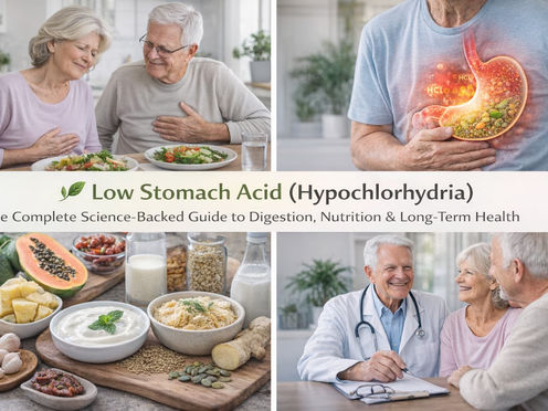 Diagram showing low stomach acid and its effect on digestion and nutrient absorption