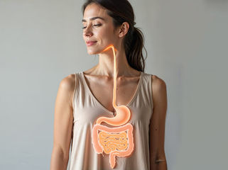 Gut health and skin connection concept showing digestive system and glowing skin