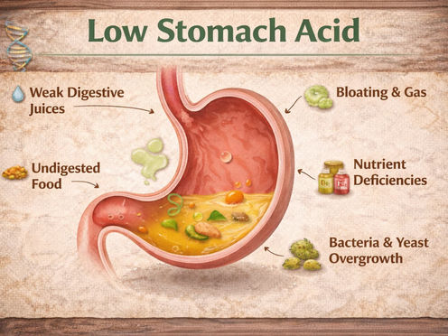 Common symptoms of low stomach acid including bloating and indigestion