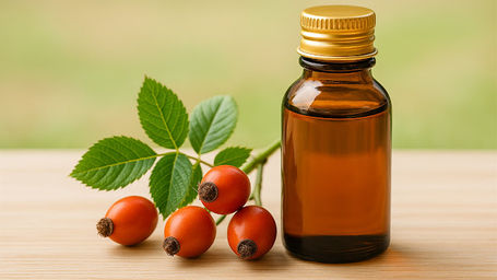 Rosehip oil dropper bottle with rosehip berries used for natural skincare.