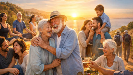 Diverse group of happy men, women, and elderly people enjoying life together in a natural setting