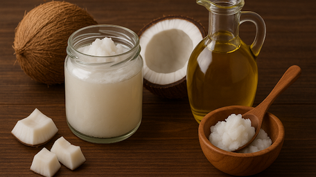 Coconut oil in a glass bowl with fresh coconuts for natural skincare and hair care