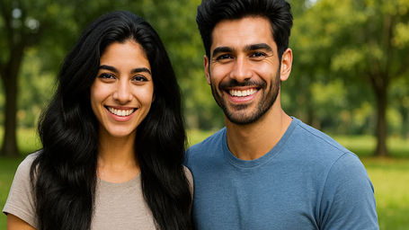 Man and woman with dense, jet black healthy hair shining naturally