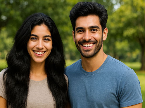 Man and woman with dense, jet black healthy hair shining naturally
