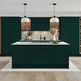 Regent Micro shaker design Oak & Chalkstone
Lip handles work well with the thinner frame of Regent doors.
One piece larder doors create a Woodgrain doors contrast well with matt painted finishes to create a sophisticated feel.