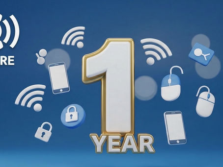 Eine golden umrahmte 1 umringt von digitalen Symbolen zur Feier des einjährigen Jubiläum der TechCare GbR