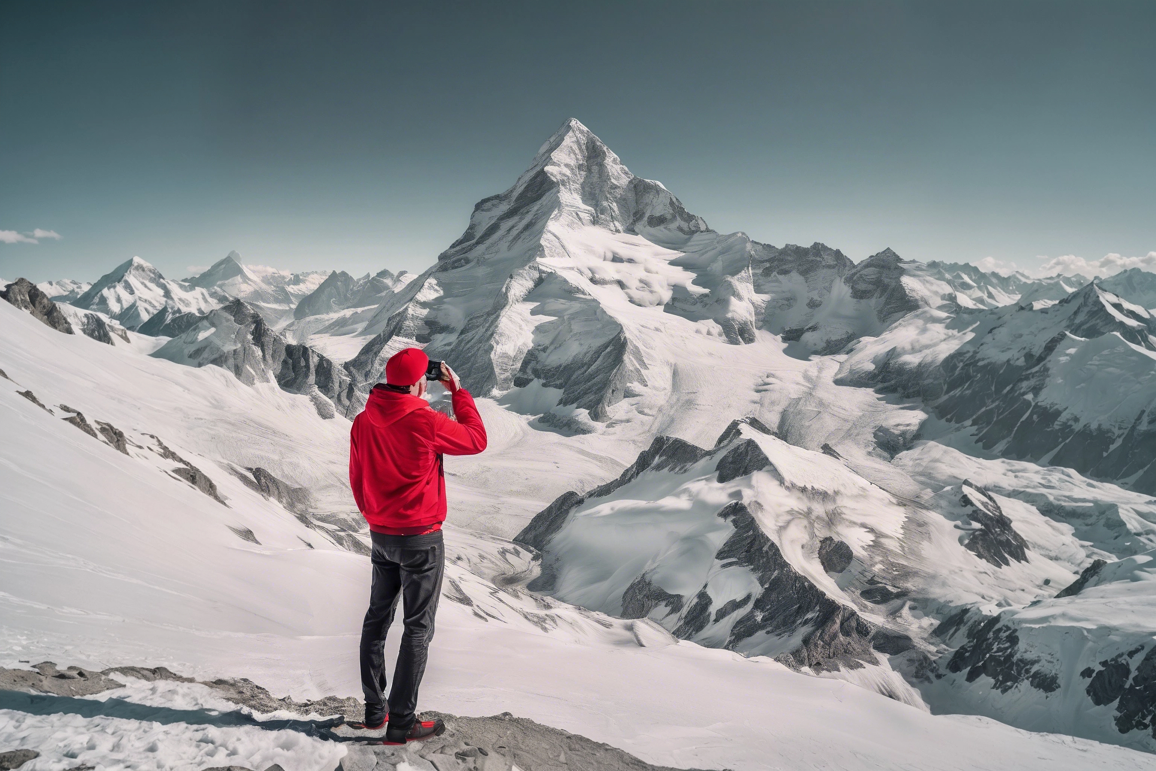 Male photographer with bald head but wearing a red cap standing in front of Piz Bernina in