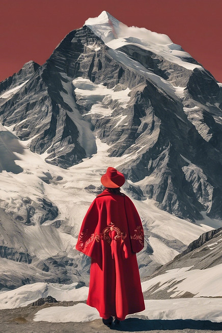 Person vor einem Berg. Mit dem Rücken zum Betrachter.