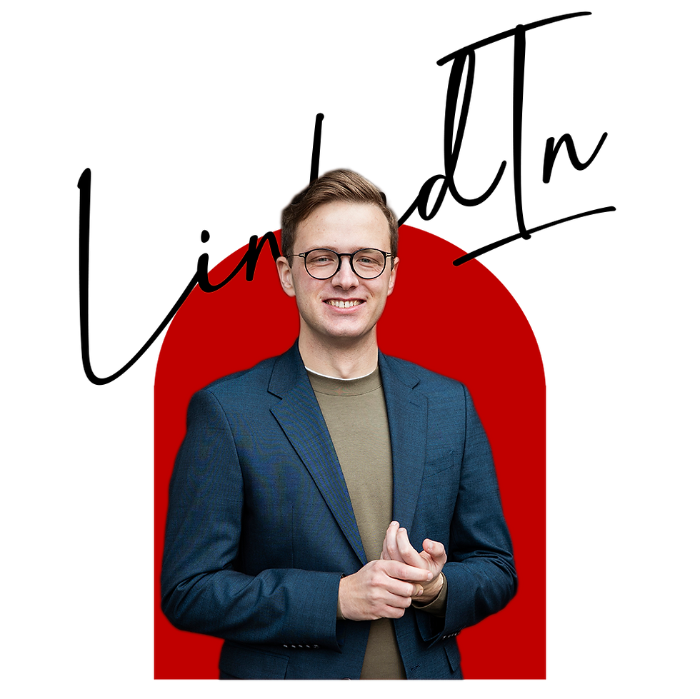 Junge Person mit Anzug vor einem Roten Hintergrund. Schriftzug "LinkedIn" im Hintergrund.