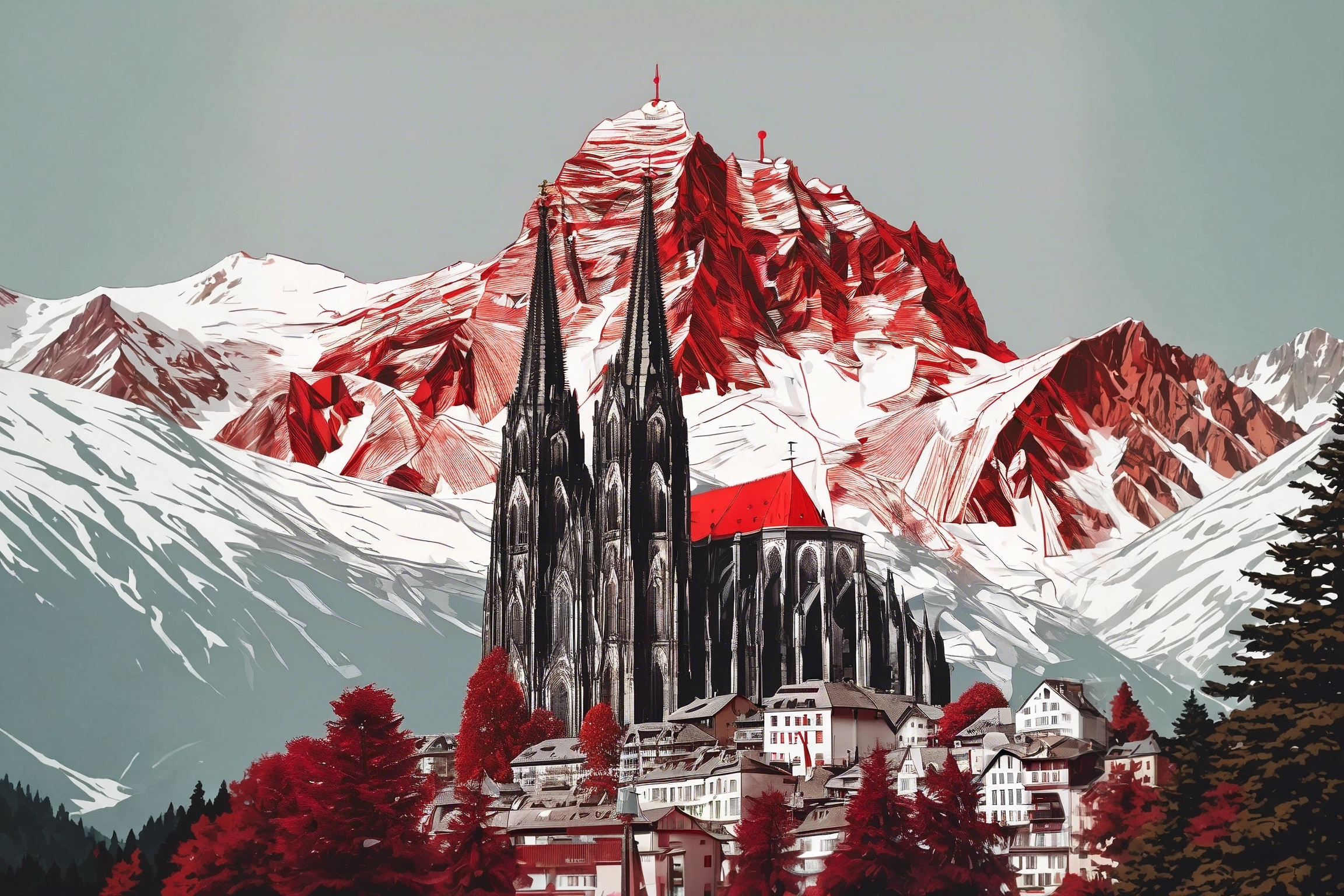 Cologne Cathedral somehow in front of Piz Bernina Mountain in Switzerland.jpg