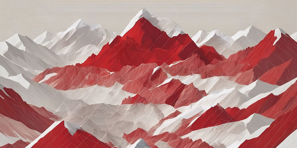Rotes gipfelförmiges Symbol mit rotem Faden vor schwarzweißem Bergpanorama