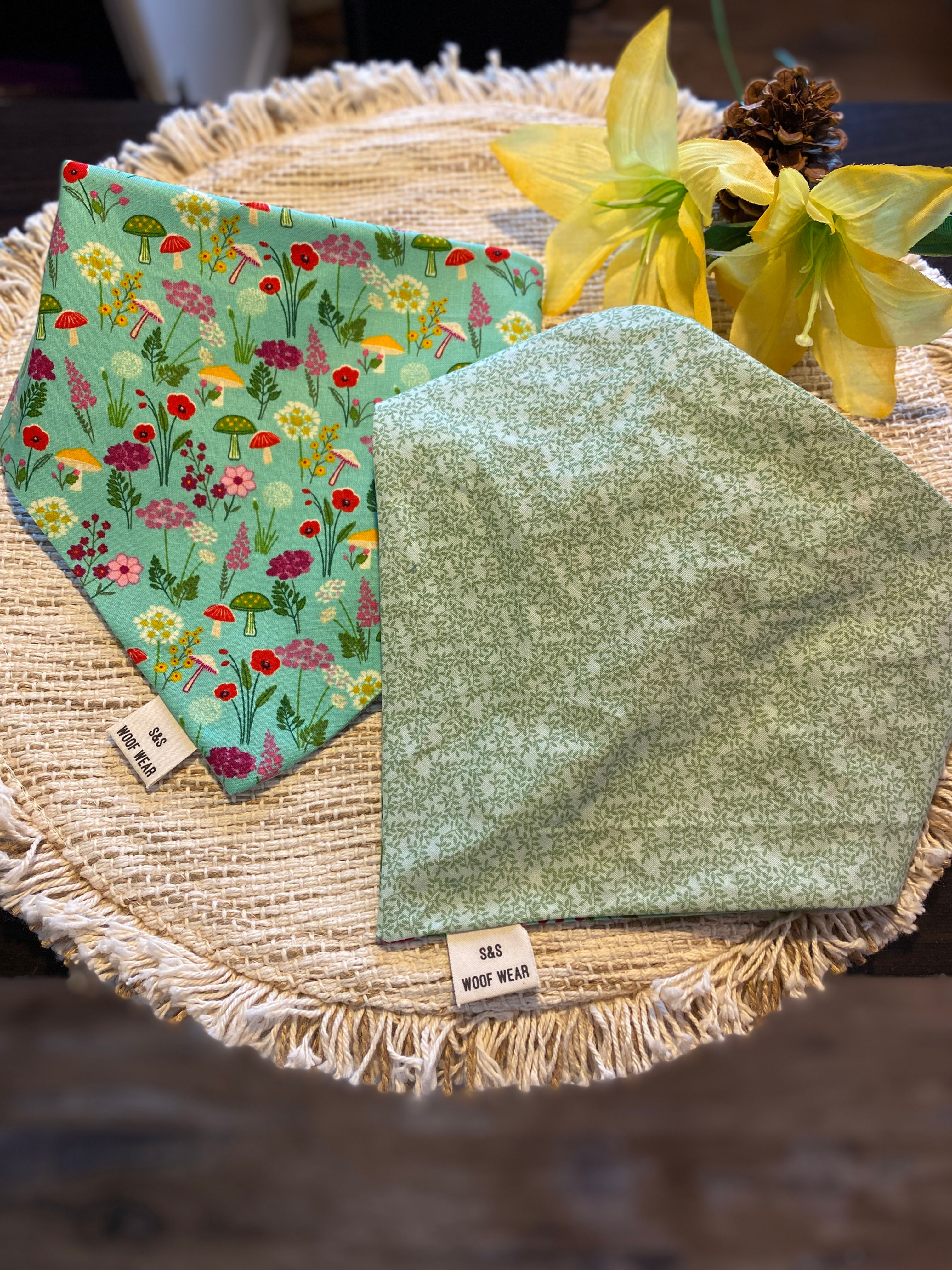 Green Mushroom Meadow W Light Green Bandana - Reversible
