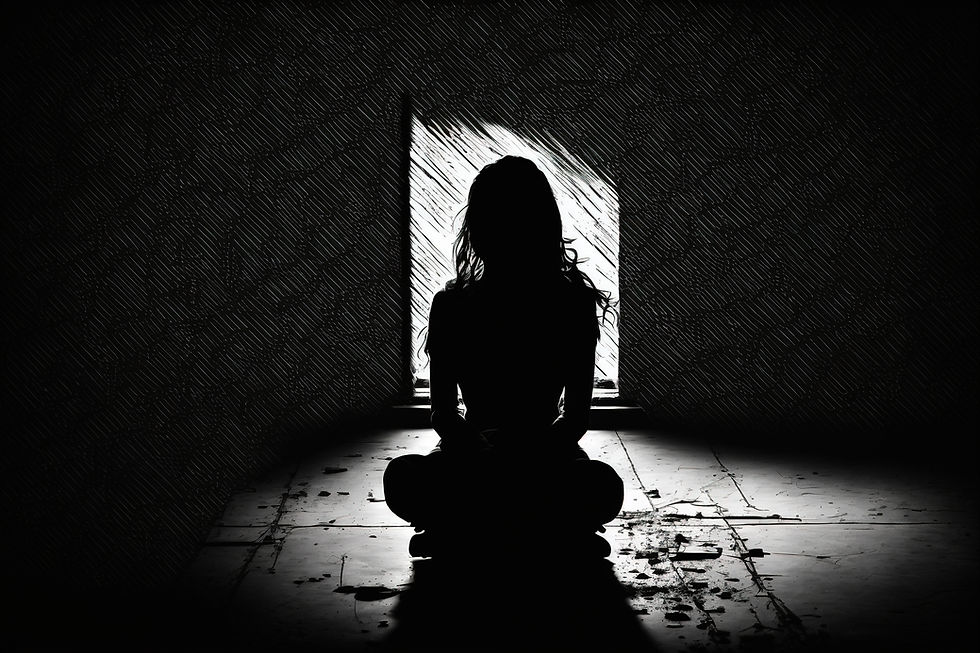 A VCUG survivor sitting across from a mirror, reflecting on healing journey.