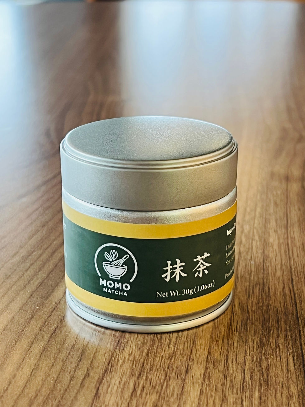 Momo Matcha tin, product label displays Momo Matcha and other Japanese text.