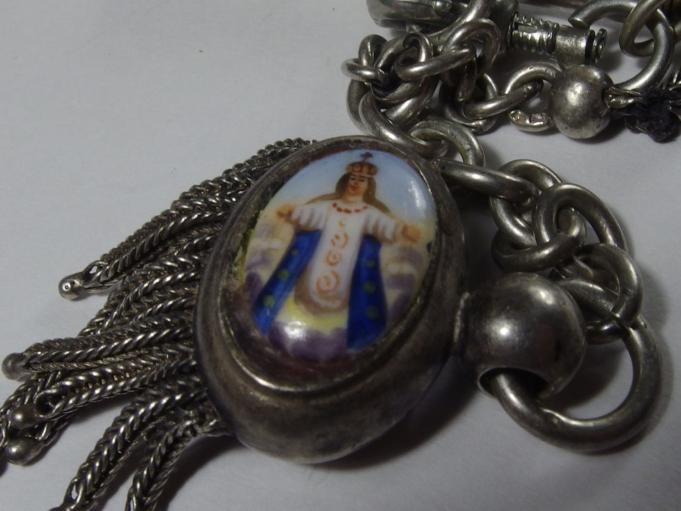 Miniatura: 3990 ROBUST T-KEY-BAR S.SILVER POCKET WATCH CHAIN W RELIGIOUS ENAMEL SCENES 1880