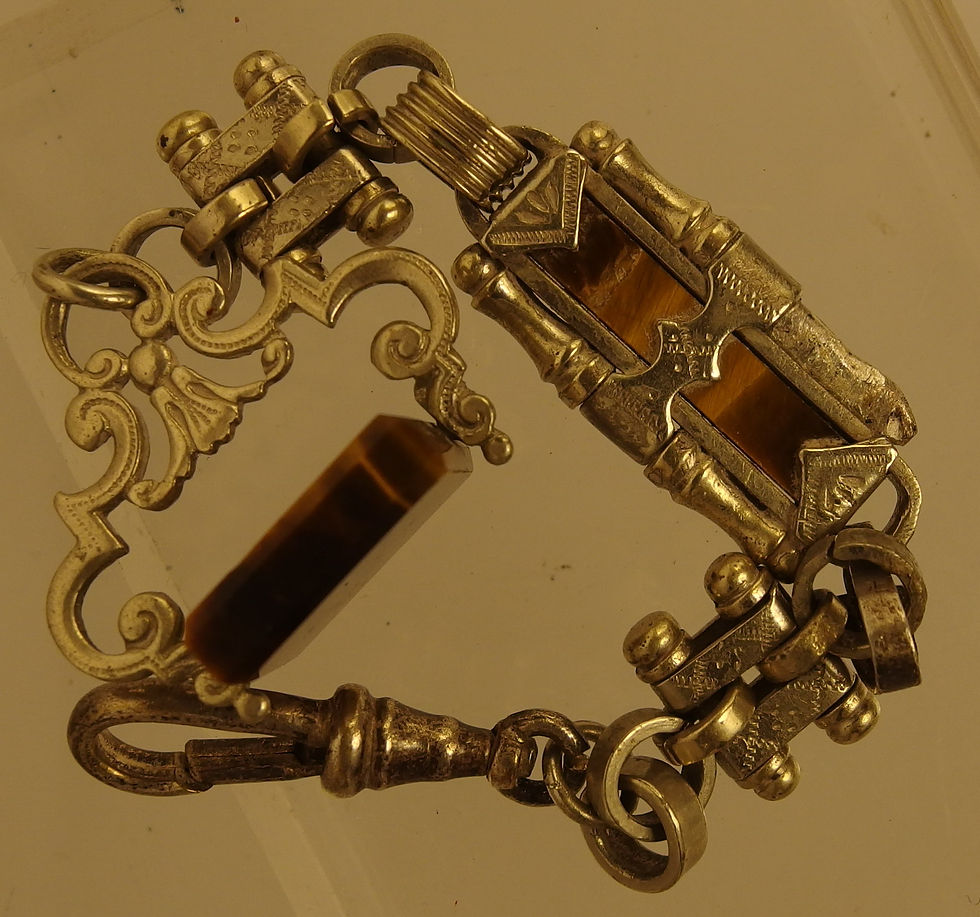 Miniatura: 2863 ANTIQUE EDWARDIAN POCKET WATCH CHAIN CHATELAIN  TIGER'S EYE NATURAL STONE