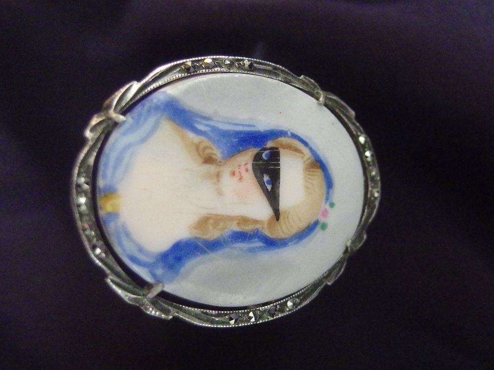 Miniatura: 4458 ORIGINAL VICTORIAN  SILVER 800  BROOCH ENAMEL/PORCELAIN LADY W/ MASK, 1890