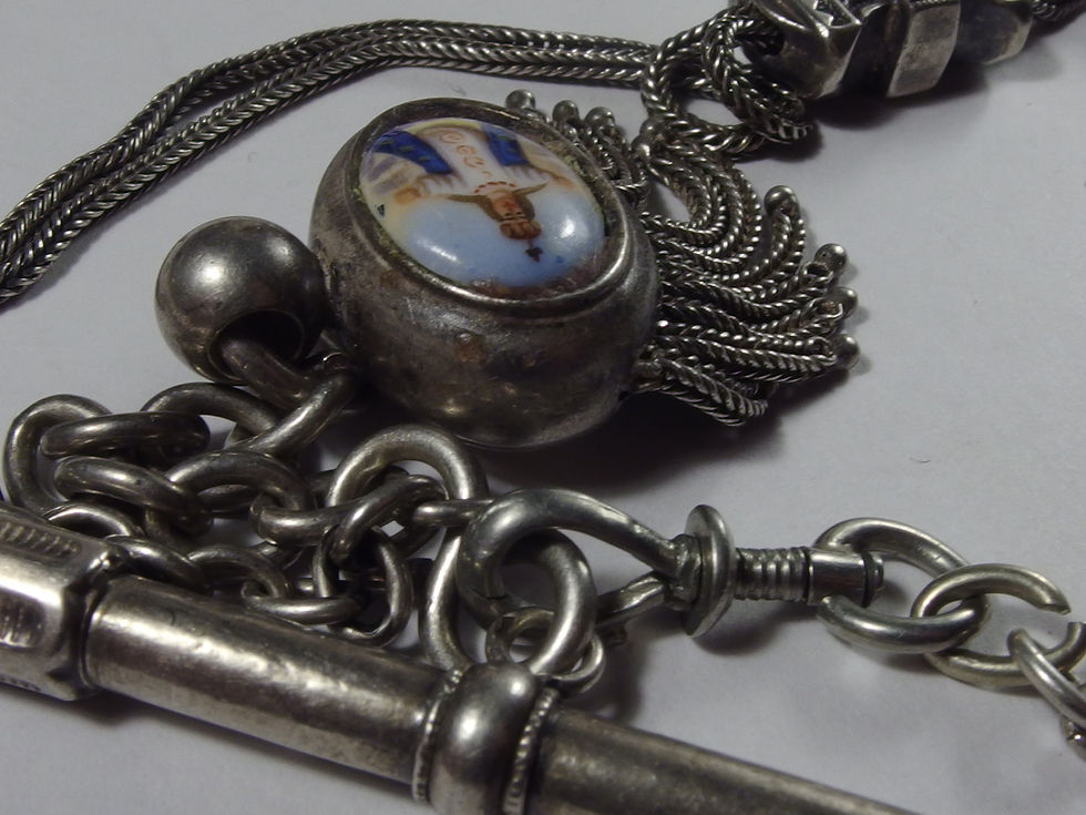 Miniatura: 3990 ROBUST T-KEY-BAR S.SILVER POCKET WATCH CHAIN W RELIGIOUS ENAMEL SCENES 1880