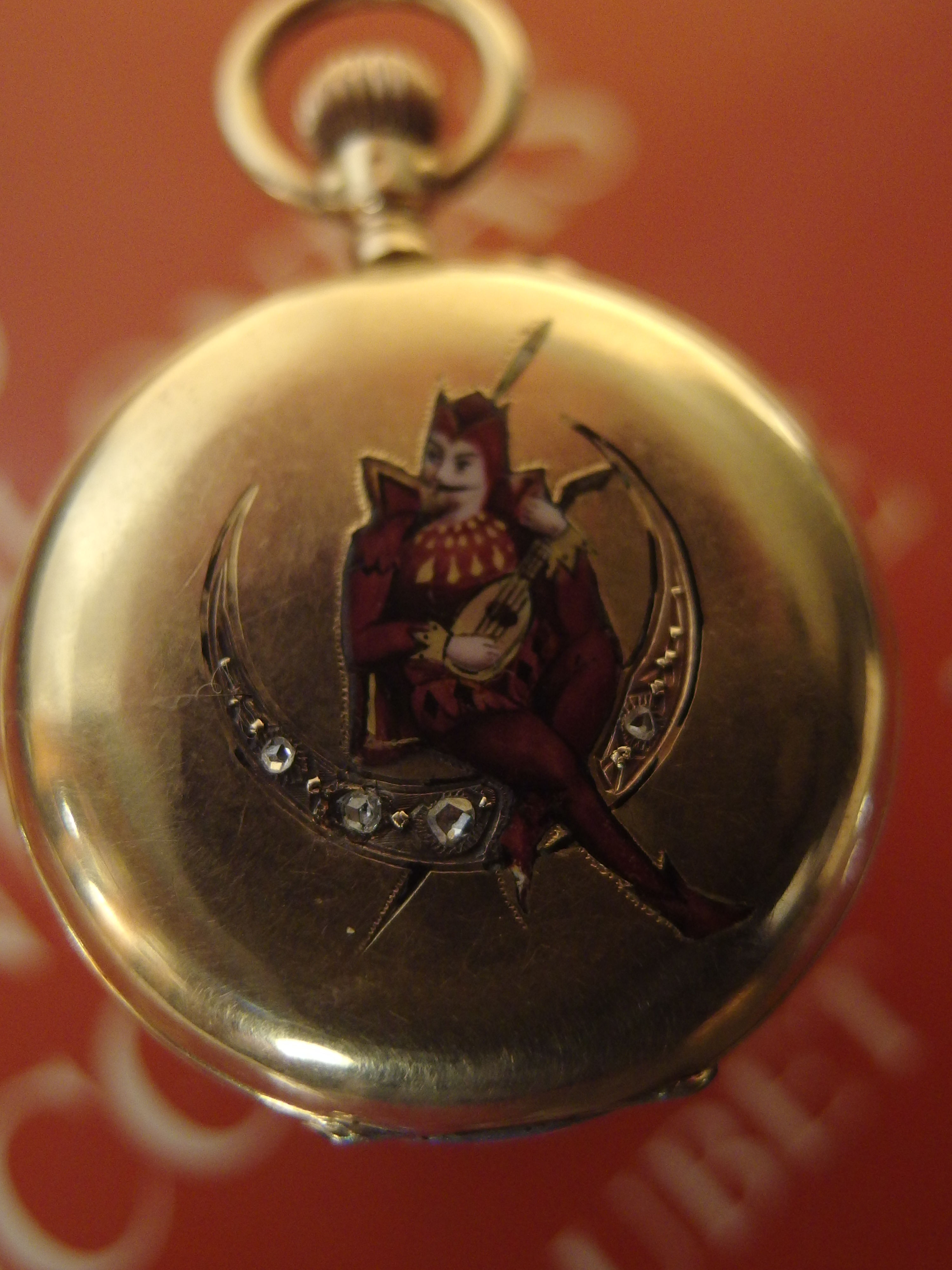 9438 UNIQUE 18K GOLD POCKET WATCH ENAMEL JUGLAR OVER DIAMOND MOON, C. 1870