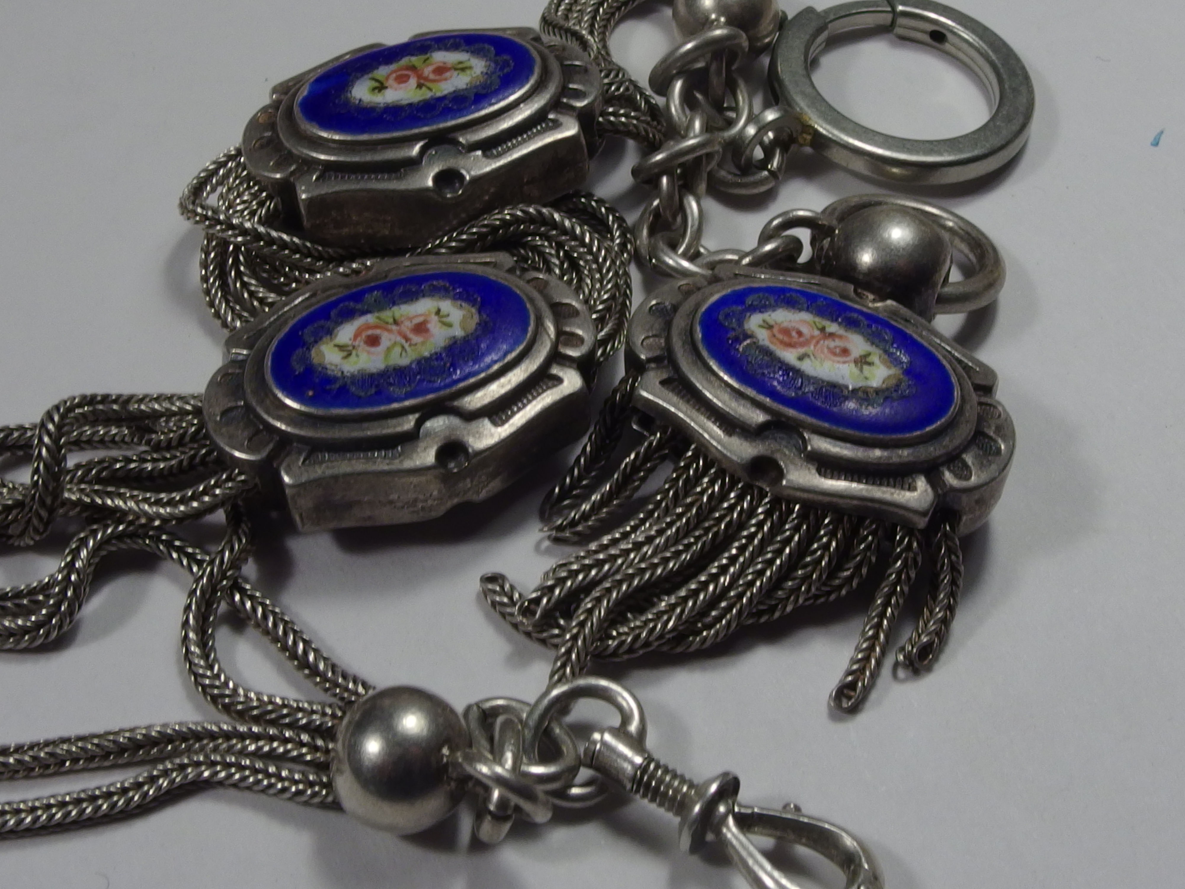 3987 ROBUST STERLING SILVER POCKET WATCH CHAIN W FLORAL ENAMEL, CIRCA 1880